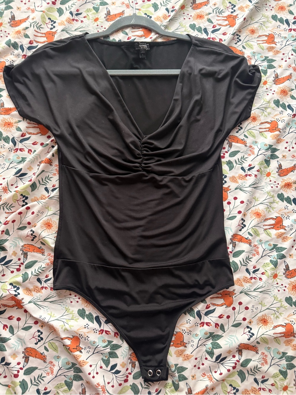 Express Black Ruched V-Neck Bodysuit